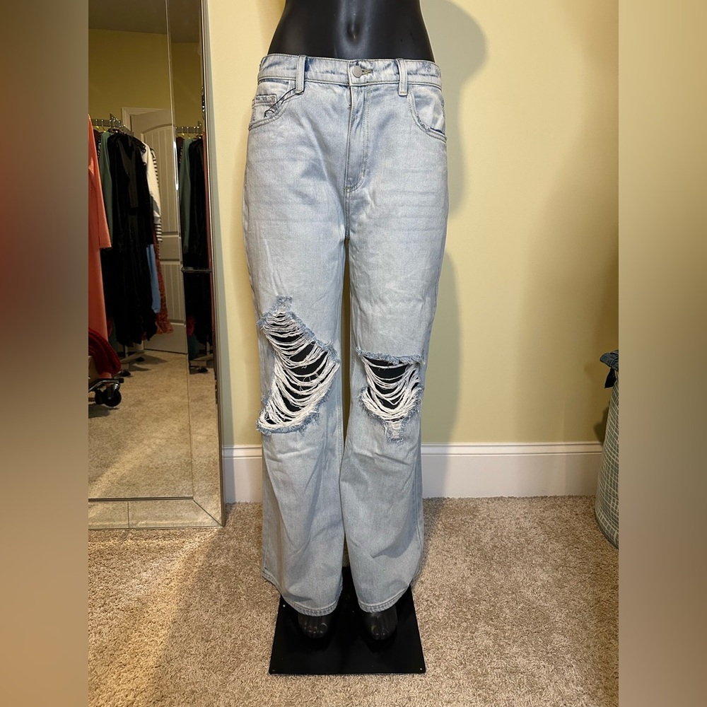 Fashion Nova Light Blue Distressed Flare Jeans